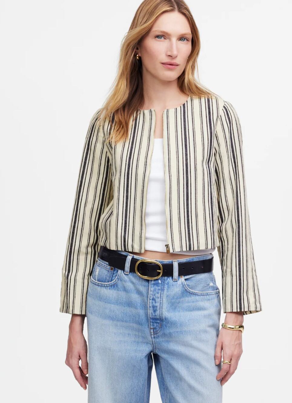 Madewell Crop Cardigan Jacket L NWT Stripe Linen Blazer Zip Blue Western NV232